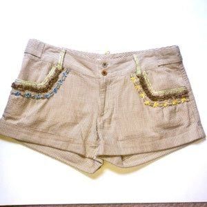Joie 100% Cotton Tan & White Embellished Seersucker Shorts Sz‎ 4- EUC